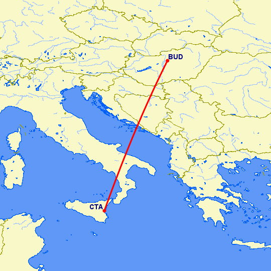 перелет Будапешт — Катания на карте