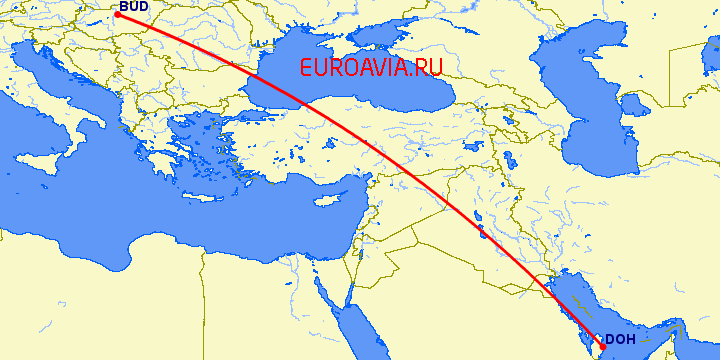перелет Будапешт — Доха на карте