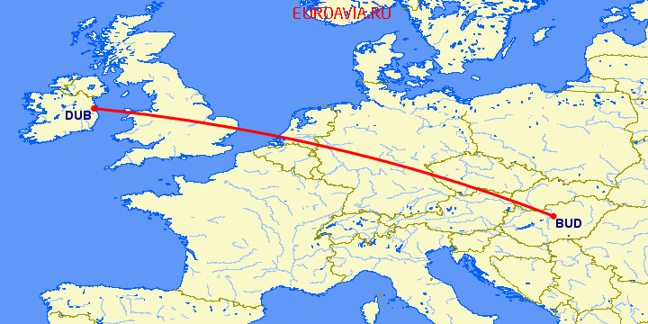 перелет Будапешт — Дублин на карте