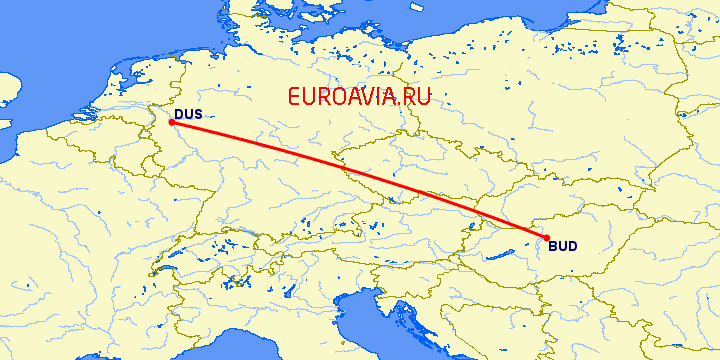 перелет Будапешт — Дюссельдорф на карте