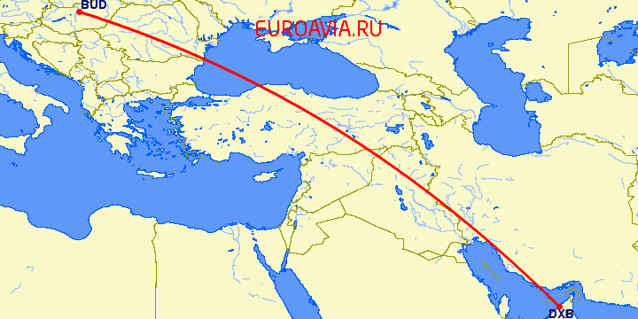 перелет Будапешт — Дубай на карте