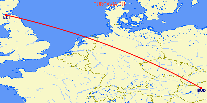 перелет Будапешт — Эдинбург на карте