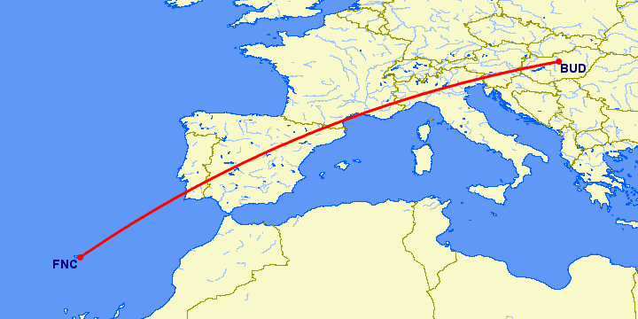 перелет Будапешт — Фуншал  на карте