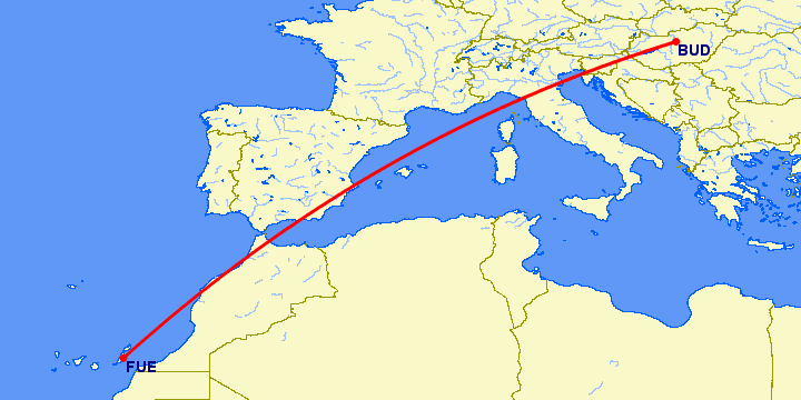 перелет Будапешт — Пуэрто дель Росарио на карте