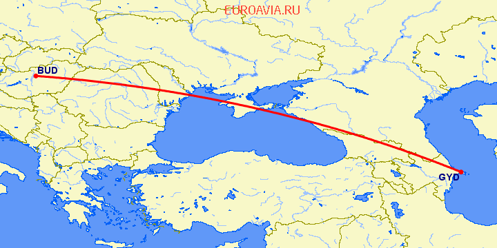 перелет Будапешт — Баку на карте