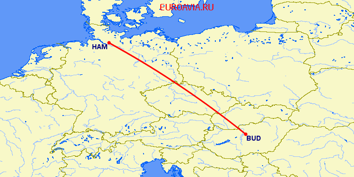 перелет Будапешт — Гамбург на карте