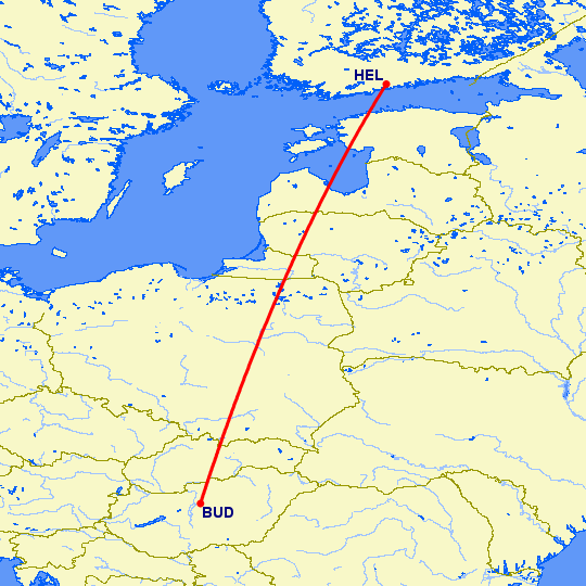 перелет Будапешт — Хельсинки на карте