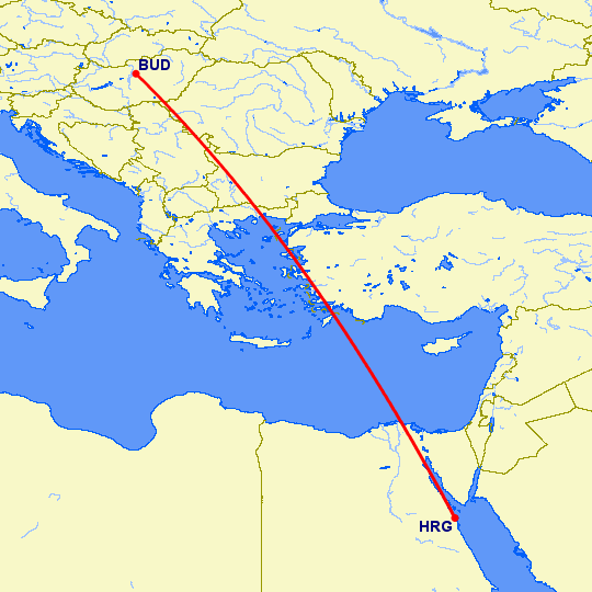 перелет Будапешт — Хургада на карте