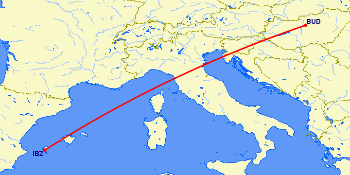 перелет Будапешт — Ибица на карте