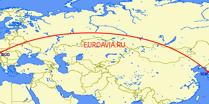 перелет Будапешт — Сеул на карте