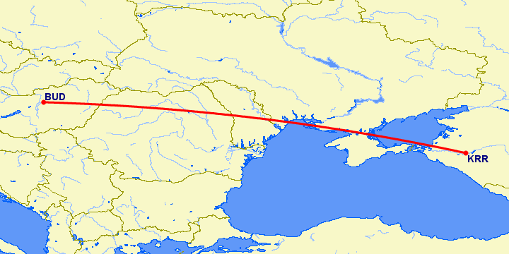 перелет Будапешт — Краснодар на карте
