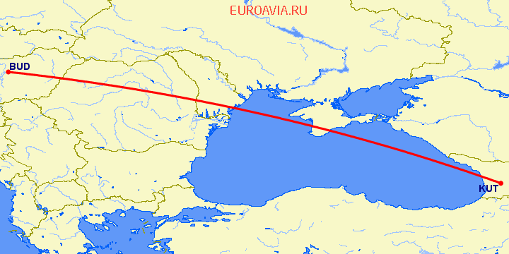 перелет Будапешт — Кутаиси на карте