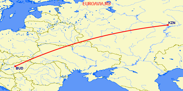 перелет Будапешт — Казань на карте