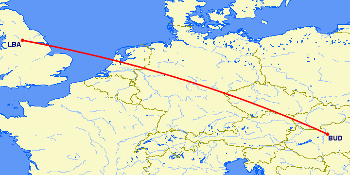 перелет Будапешт — Лидс на карте