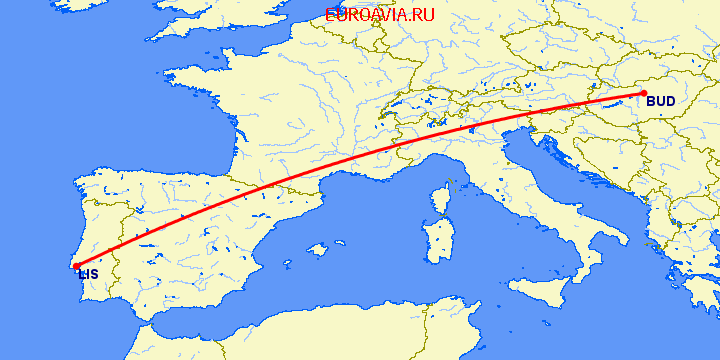перелет Будапешт — Лиссабон на карте