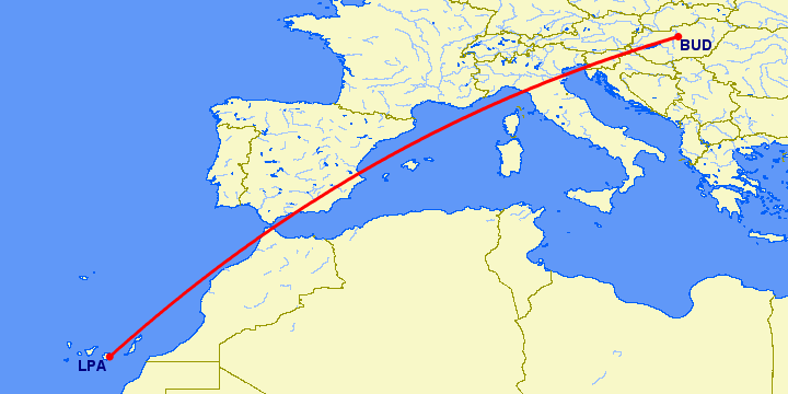 перелет Будапешт — Лас Пальмас на карте