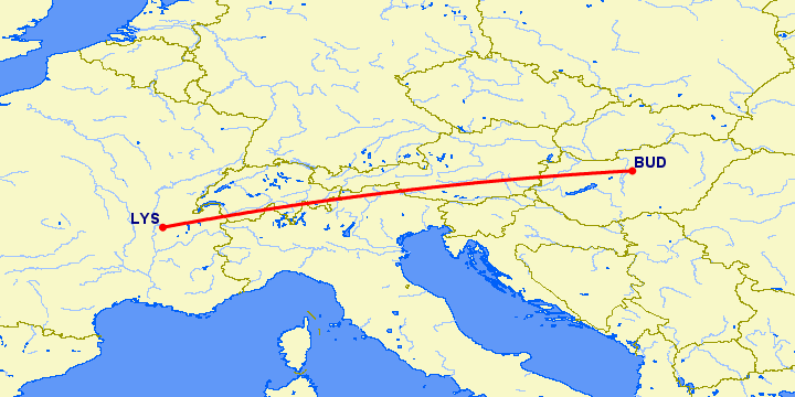 перелет Будапешт — Лион на карте