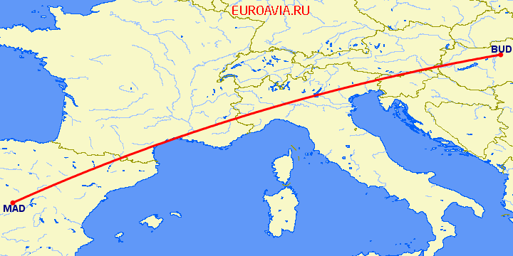 перелет Будапешт — Мадрид на карте