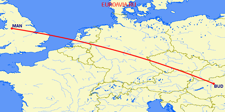 перелет Будапешт — Манчестер на карте