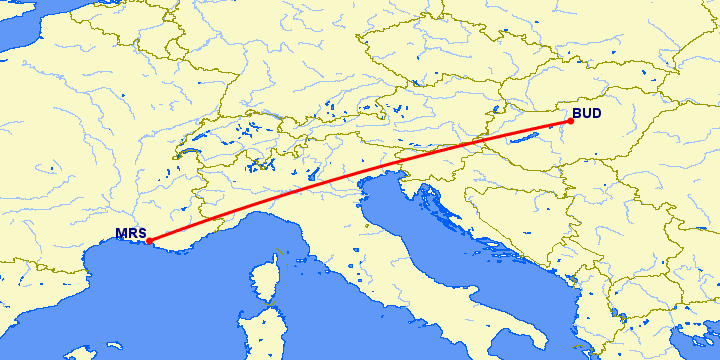 перелет Будапешт — Марсель на карте