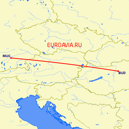 перелет Будапешт — Мюнхен на карте