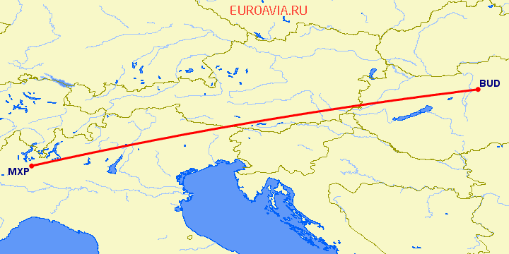 перелет Будапешт — Милан на карте