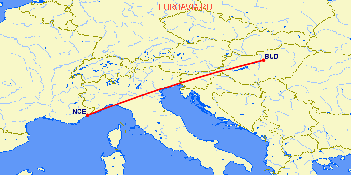 перелет Будапешт — Ницца на карте
