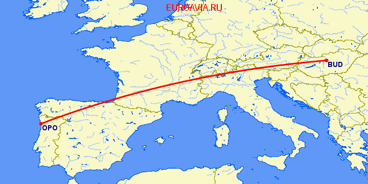 перелет Будапешт — Порту на карте