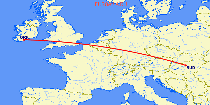 перелет Будапешт — Корк на карте