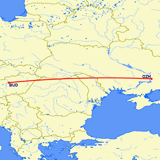 перелет Будапешт — Запорожье на карте