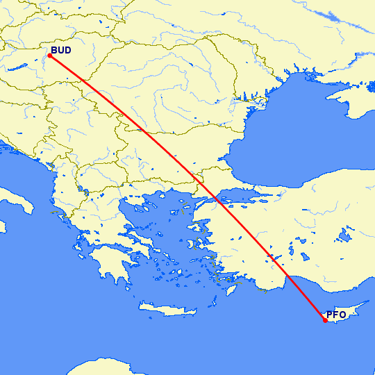 перелет Будапешт — Пафос на карте
