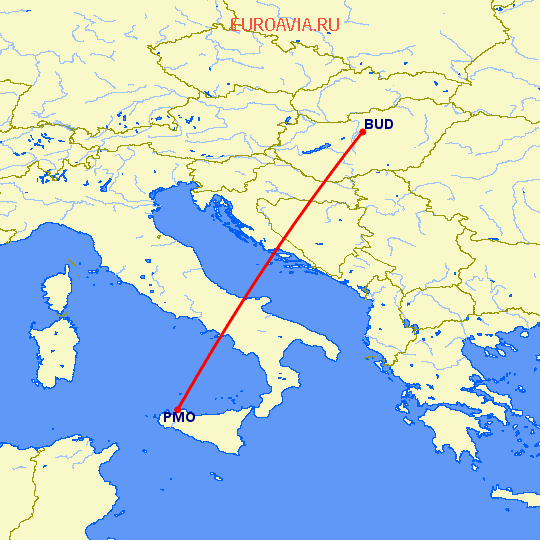 перелет Будапешт — Палермо на карте
