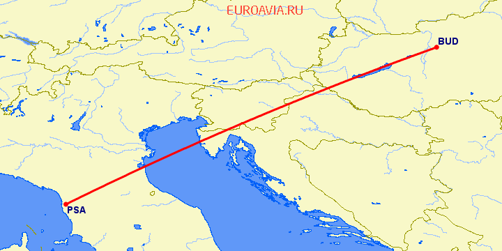 перелет Будапешт — Пиза на карте
