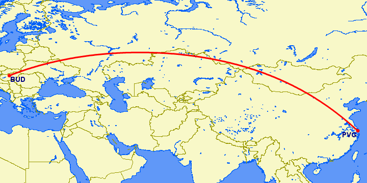 перелет Будапешт — Шанхай на карте