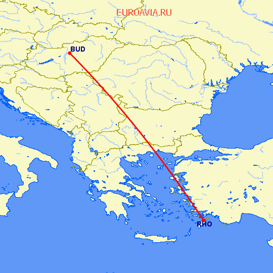 перелет Будапешт — Родос на карте