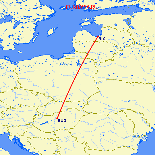 перелет Будапешт — Рига на карте