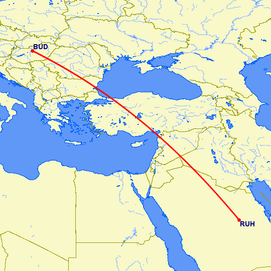перелет Будапешт — Эр Рияд на карте