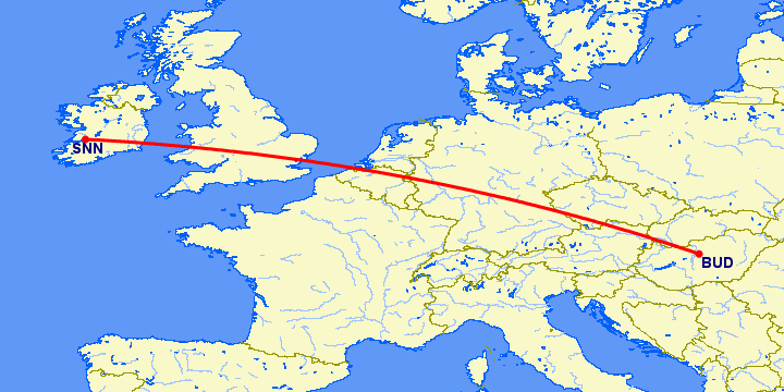перелет Будапешт — Шеннон на карте