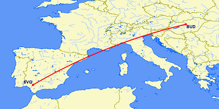 перелет Будапешт — Севилья на карте