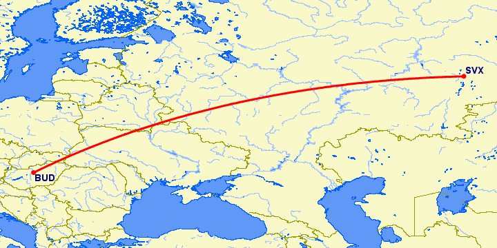 перелет Будапешт — Екатеринбург на карте