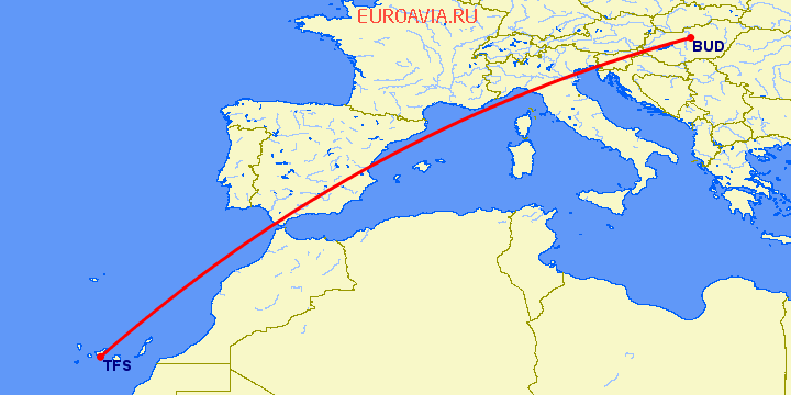 перелет Будапешт — Тенерифе на карте