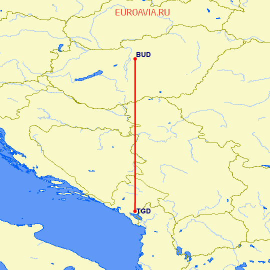 перелет Будапешт — Подгорица на карте