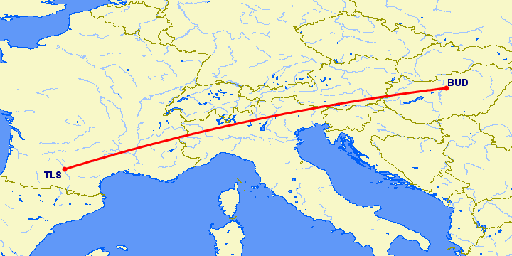 перелет Будапешт — Тулуза на карте