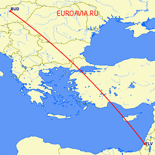 перелет Будапешт — Тель Авив на карте