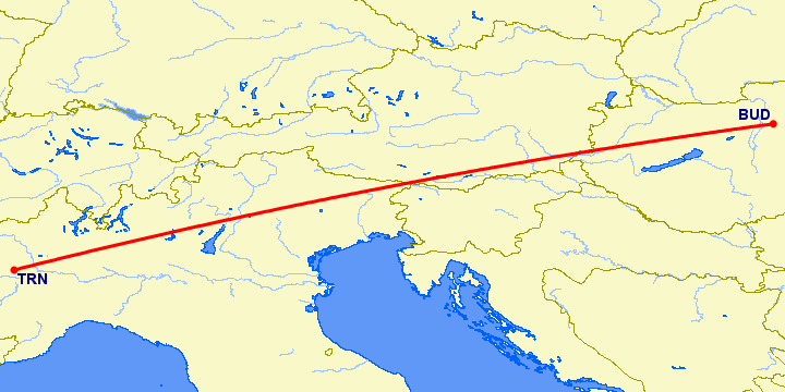 перелет Будапешт — Турин на карте