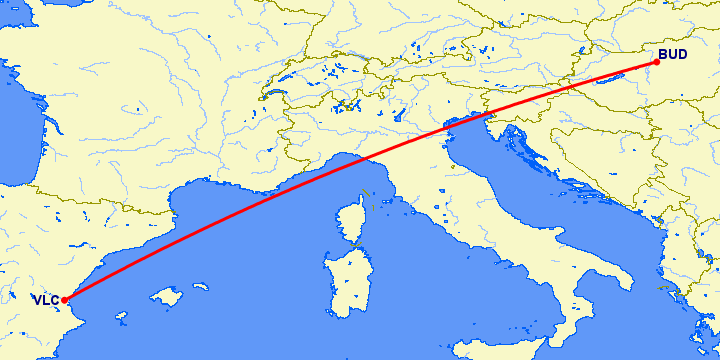 перелет Будапешт — Валенсия на карте