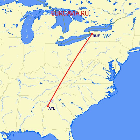 перелет Буффало — Атланта на карте