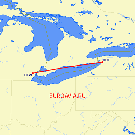 перелет Буффало — Детройт на карте
