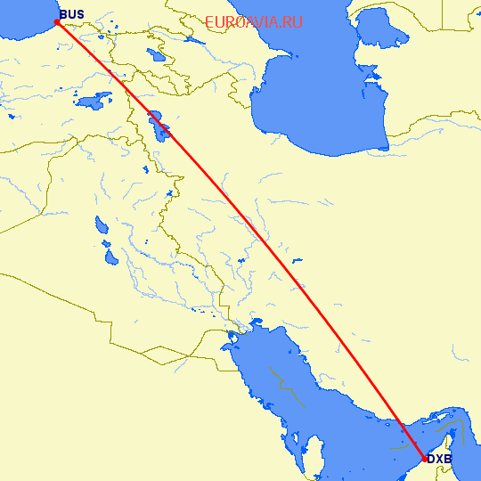 перелет Батуми — Дубай на карте