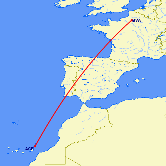 перелет Париж — Арресифе на карте